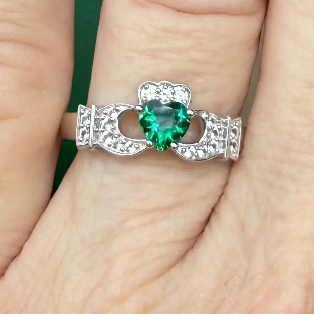 Created Green Emerald Created Sapphire Claddagh Ring 925 Sterling Silver Size 7